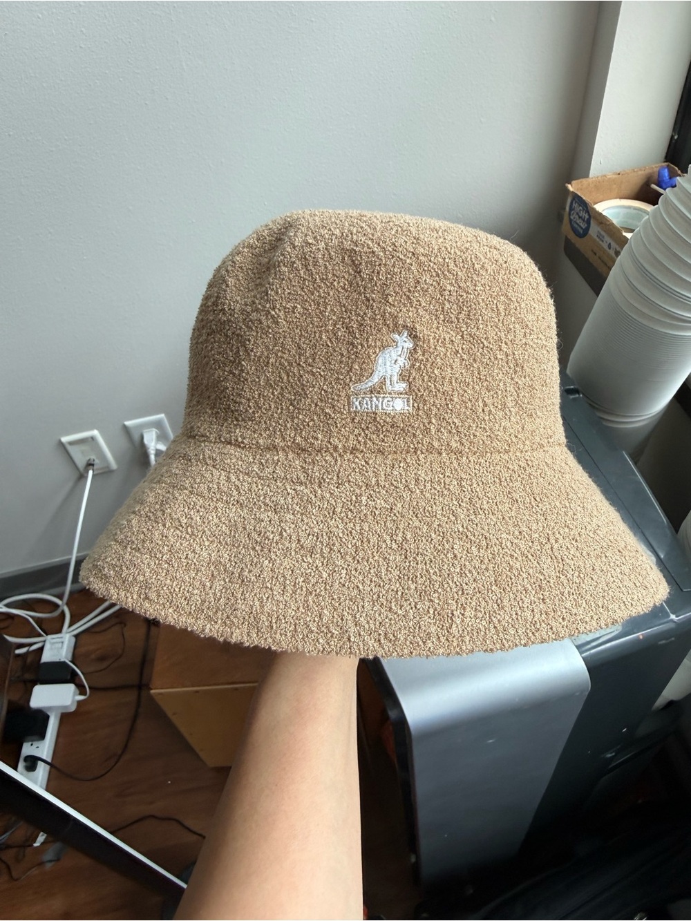 Kangol Tan Terry Bucket Hat with White Kangaroo Logo